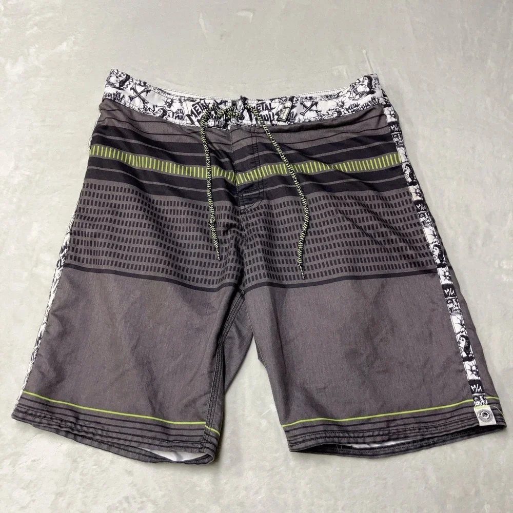 Metal Mulisha Board Shorts Skulls Graphic Striped Swim Trunks Mens 34